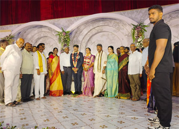 Shri Komati Jayaram, along with other distinguished dignitaries, attended the engagement ceremony of the son of TDP official spokesperson Shri Appasani Rajesh and blessed the bride and groom.