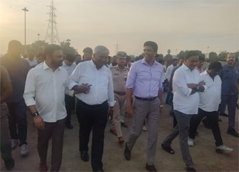 Union Minister Shri Pemmasani Chandrashekhar, along with MPs Shri Chinni, Shri Sana Satish, and Shri Komati Jayaram, inspected Punnami Ghat on 1st September 2026 in preparation for the Dussehra celebrations.