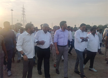 Union Minister Shri Pemmasani Chandrashekhar, along with MPs Shri Chinni, Shri Sana Satish, and Shri Komati Jayaram, inspected Punnami Ghat on 1st September 2026 in preparation for the Dussehra celebrations.